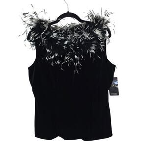 Sandra Darren Camisole‎ Top Womens 14 Black Velvet Feather Off Shoulder